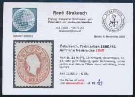 10kr reprint, redbrown. Certificate: Strakosch 10kr 1866-os újnyomat vörösesbarna Certificate: Strak...