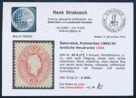 5kr reprint, lively carmine. Certificate: Strakosch 5kr 1866-os újnyomat, élénk kármin Certificate: ...