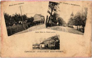 Csallóközaranyos, Zlatná na Ostrove; Állami elemi népiskola, Református templom és községháza, Csóka Máté és Társai malom / school, town hall, Calvinist church, mill (EK)