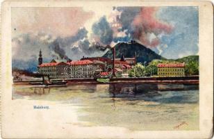 Hainburg an der Donau, tobacco factory, castle hill, steamship. Philipp & Kramer CV. - 1. s: F. Kopallik - from postcard booklet (worn corners)