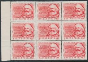 1964 Évfordulók Marx 60f ívszéli 9-es tömb az ismert tévnyomattal (18.000) / Mi 2068 block of 9 with plate variety