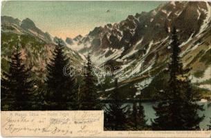 1904 Tátra, Magas-Tátra, Vysoké Tatry; Poprádi-tó az Omladék-völggyel. Kunstverlag v. F. Pietschmann 934. / Popradské pleso, Zlomiská, Zlomisková dolina / Popper-See u. Trümmertal / lake, High Tatras (apró lyukak / pinholes)