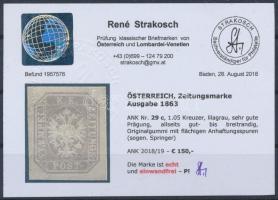 Newspaper stamp, lilac-grey with original gum. Certificate: Strakosch Lilásszürke Hírlapbélyeg erede...