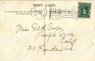 1907 Magyarország érméi / Coins of Hungary. Postcard with national flag to give information about in...