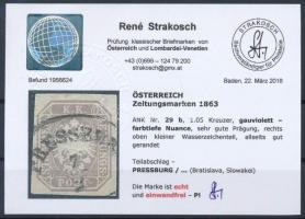 Hírlapbélyeg szürkésibolya, erős szín, kis vizjelrészlet "PRESSBUR(G)" Certificate: Strako...