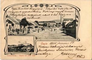 1905 Csejte, Csejthe, Cachtice; piac, vár 1570-1614, Fő utca / castle, main street, market. Art Nouveau (EB)