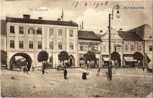 1908 Eperjes, Presov; Kir. törvényszék, kapu, Cattarino Sándor, Fränkel József és Schwarcz üzlete. Divald / square, shops, court, gate