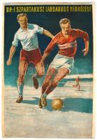 cca 1950 A Budapesti Szpartakusz labdarúgó mérkőzése plakát. Restaurált, kartonra kasírozva.48x70 cm.