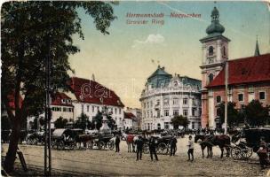 1919 Nagyszeben, Hermannstadt, Sibiu; Grosser Ring / körút, lovaskocsik, piac, templom. Karl Graef kiadása / street view, horse-drawn carriages, market, church (EB)