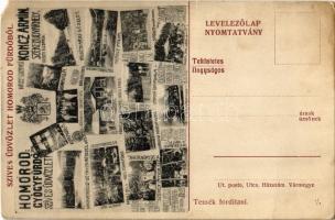 Homoródfürdő, Baile Homorod (Szentegyháza, Vlahita); Nagysolymosi Koncz Ármin gyógyszerész reklámlapja. Nagyvendéglő, Arany, Flóra és Ilona villa, teniszpálya, Sárika a cigányokkal, székely lányok szépségversenye, amerikai hajóhinta, magától járó körhinta / pharmacist's advertising postcard. spa, baths, restaurant, villas, tennis court, gypsies, Beauty Contest, etc. (EM)