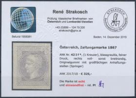 Newspaper stamp, light greylilac. Certificate: Strakosch Hírlapbélyeg halvány szürkés lila Certifica...