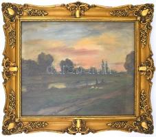 Iványi Grünwald Béla (1867-1940): Alkonyati fények. Olaj, rétegelt lemez, jelzett, üvegezett, sérült...