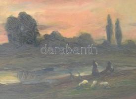 Iványi Grünwald Béla (1867-1940): Alkonyati fények. Olaj, rétegelt lemez, jelzett, üvegezett, sérült...