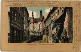 1912 Selmecbánya, Banská Stiavnica; Deák Ferenc utca, Hungária szálloda és kávéház, üzlet. Joerges 1910 / street, hotel and cafe, shop