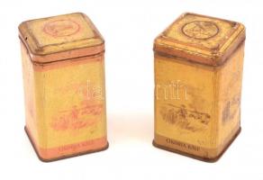 2 db régi Szent István cikória kávé fém doboz fedéllel, illusztrált a négy évszakkal, kopásnyomokkal, enyhén rozsdás, m: 13 cm