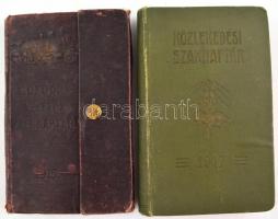 2db vasutas-közlekedési nyomtatvány: Mozdonyvezetők zsebnaptára 1915, sok ceruzás bejegyzéssel: Mozdonyszámok, vonatszámok, megtett távolságok, néhány helységnév, mint pl. Fülek. Csukható, dombornyomásos, mozdonnyal illusztrált vászonkötésben. + Közlekedési Szaknaptár 1917, elejébe beragasztva elismervény a befizetésről, több korabeli reklámmal.