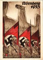 1935 Nürnberg, Deutsche Einheit - deutsche Macht! Feldpostkarte Reichsparteitag der NSDAP in Nürnberg / German unity - German power, NS (Nazi) propaganda art postcard + So. Stpl (EK)