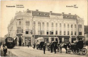 1906 Temesvár, Timisoara; Gyárváros, Kossuth tér, lovas hintók, Korona Bank, villamos, Deutsch T., Steingaszner Ferenc, Wilheim Fülöp, Goldmann S., Harang Gusztáv, Morgenstern Zsigmond és Lazarevits üzlete, gyógyszertár. Nägele Antal gyógyszertári pecsétje a hátoldalon / Fabrikstadt / Fabrica, shops, pharmacy, tram, chariots, bank, square