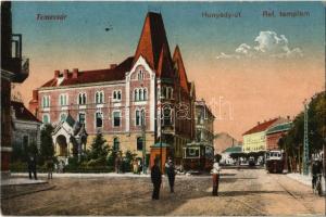 1917 Temesvár, Timisoara; Hunyady út, Református templom, villamosok / street, Calvinist church, trams