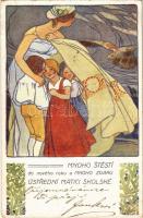 ~1900 Mnoho Stestí do nového roku a Mnoho Zdaru. Ústrední Matici Skolské / Czech New Year greeting art postcard. Art Nouveau (EB)