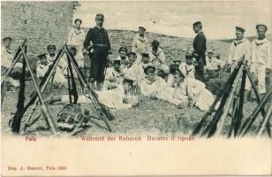 1913 Pola, Pula; Während der Ruhezeit. K.u.K. Kriegsmarine Matrosen / Durante il riposo / Austro-Hungarian Navy, mariners resting on mainland. A. Bonetti 1604.