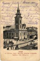 1904 Arad, Az 1751-ben épült Minorita templom a lebontás havában 1902. június hó, városi vasút. Kerpel Izsó kiadása / church, urban railway (fl)