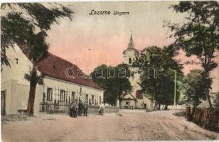 1915 Lozornó, Losorn, Lozorno; utca, templom. Josef Lewenrosen kiadása / street, church (fa)