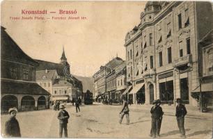 1906 Brassó, Kronstadt, Brasov; Ferenc József tér, városi vasút, vonat, üzletek / square, urban railway, train, shop (EK)