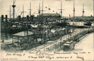 1904 Pola, Pula; K.u.K. Kriegsmarine Parthie des Kriegshafens / Porta da guerra / Austro-Hungarian Navy port with battleships, tram. Dep. M. Clapis