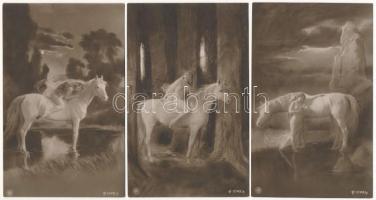 Művészlap sorozat 6 db képeslappal: enyhén erotikus hölgy fehér lóval / Art motive postcard series w...