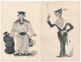 2 db régi osztrák-magyar haditengerészeti humoros művészlap, Dworak stílusban / K.u.K. Kriegsmarine Matrosen / 2 pre-1945 Austro-Hungarian Navy mariner art postcards, Dworak style. Guido Costalunga Pola 1909. 16200/16202.