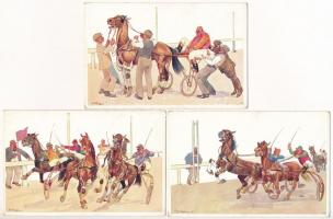 5 db RÉGI művész motívum képeslap: fogathajtó verseny (Schönpflug szignóval) / 5 pre-1945 art motive postcards: horse carriage driving race, signed by Schönpflug (B.K.W.I. 678-1/2/3/4/5)