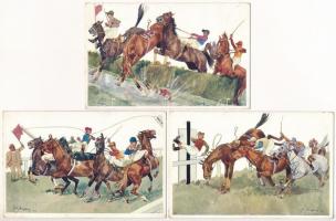 6 db RÉGI művész motívum képeslap: lóverseny (Schönpflug szignóval) / 6 pre-1945 art motive postcards: horse riding race, signed by Schönpflug (B.K.W.I. 679-1/2/3/4/5/6)