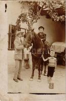 1914 Pozsony, Pressburg, Bratislava; gyerek lovon az udvarban / boy on horse. photo (EK)