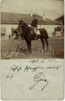 1902 Eperjes, Presov; lovaskatona a téren, kerekes kút / cavalryman on the square, well. photo  (fa)