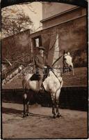 1928 Nagykanizsa, férfi lovon. Halász S. fényképész, photo (tűnyomok / pin marks)