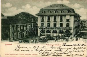 1901 Panama City, Plaza de la Catedral, Compagne Universelle du Canal Interoceanique, Grand Cafe / square, cafe, Universal Company of the Interoceanic Canal (Rb)