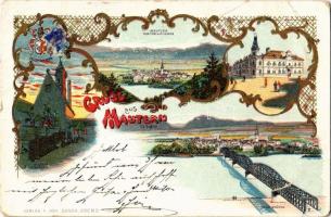 1897 Mautern an der Donau, Stadt-Wappen, Nikolai Kirchlein, Rathhaus, Neue Brücke / coat of arms, church, town hall, new bridge. Joh. Saska Art Nouveau, floral, litho (EB)
