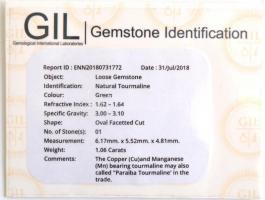 Zöld, Paraiba turmalin 1,06 K ovális fazettált csiszolással. Lepecsételve, tanúsítvánnyal. / Oval fa...