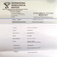 Alexandrit krizoberill 0,75 K.Színváltós zöld és lila. Ovális vegyes csiszolás. Tanúsítvánnyal, leír...