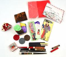 Japán tárgyak vegyes tétel: írószerek, dekoráció,  baba, edények