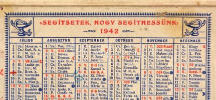 1942 Poliklinika naptár. Kihajtható kártyanaptár. 15x5x21,5 cm kihajtva