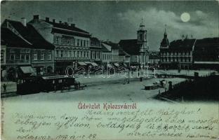 1898 Kolozsvár, Cluj; Fő tér északi oldala, Európa kávéház, Kiss Ernő, Medgyesy és Nyegrutz és Gergely Ferenc üzlete, városi vasút, kisvonat, piac / main square with shops, urban railway, market, train