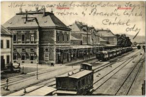 1908 Kolozsvár, Cluj; pályaudvar, vasútállomás, vonatok. Schuster Emil kiadása / Bahnhof / railway station, trains