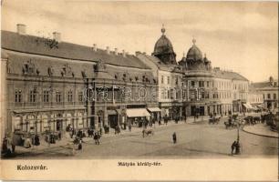 1905 Kolozsvár, Cluj; Mátyás király tér, Az Anker, Jeney Lajos és Frank Kiss János és fiai üzlete, Erdélyi Kereskedelmi Társaság / square, shops