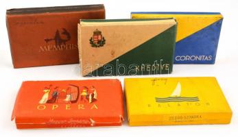 5 db klf. régi papír szivarkás doboz: Memphis, Stambul, Coronitas, Opera, Balaton. Fedél belsején magyar nevezetességek illusztrációival (Halászbástya, Tihany stb.), kopott állapotban.