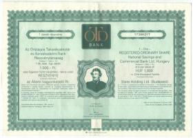 Budapest 1994. Országos Takarékpénztár és Kereskedelmi Bank Részvénytársaság részvénye 1000Ft-ról, szelvényekkel, szárazpecséttel T:II- fo.