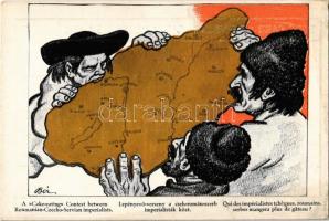 Lepényevő verseny a cseh-román-szerb imperialisták közt / A cake-eating contest between Romanian-Czech-Serbian imperialists. Hungarian irredenta art postcard s: Bér (Rb)