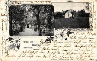 1900 Pisárky, Schreibwald; Gruss vom Jägerhaus / hunting house, restaurant garden. Art Nouveau, floral  (EK)