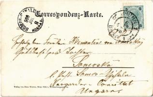 1900 Pisárky, Schreibwald; Gruss vom Jägerhaus / hunting house, restaurant garden. Art Nouveau, flor...